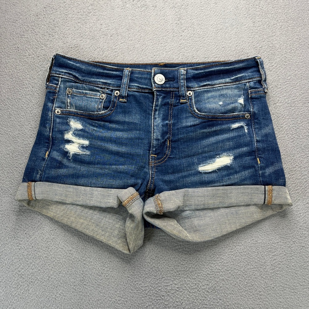 American Eagle Super Stretch Denim Shorts Womens 4 Blue Distressed Cuffed Jean